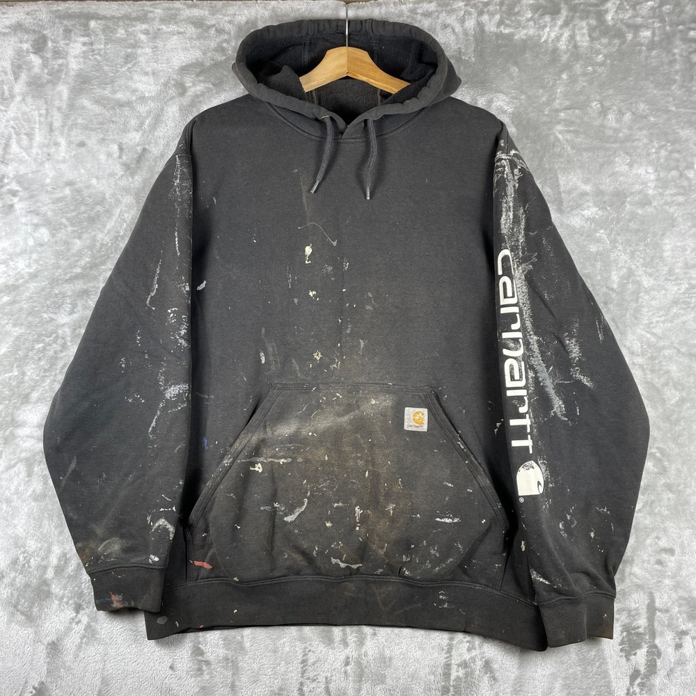 Carhartt Hoodie Men XL Black Paint Splatter Distressed Paint Splatter Sun Faded
